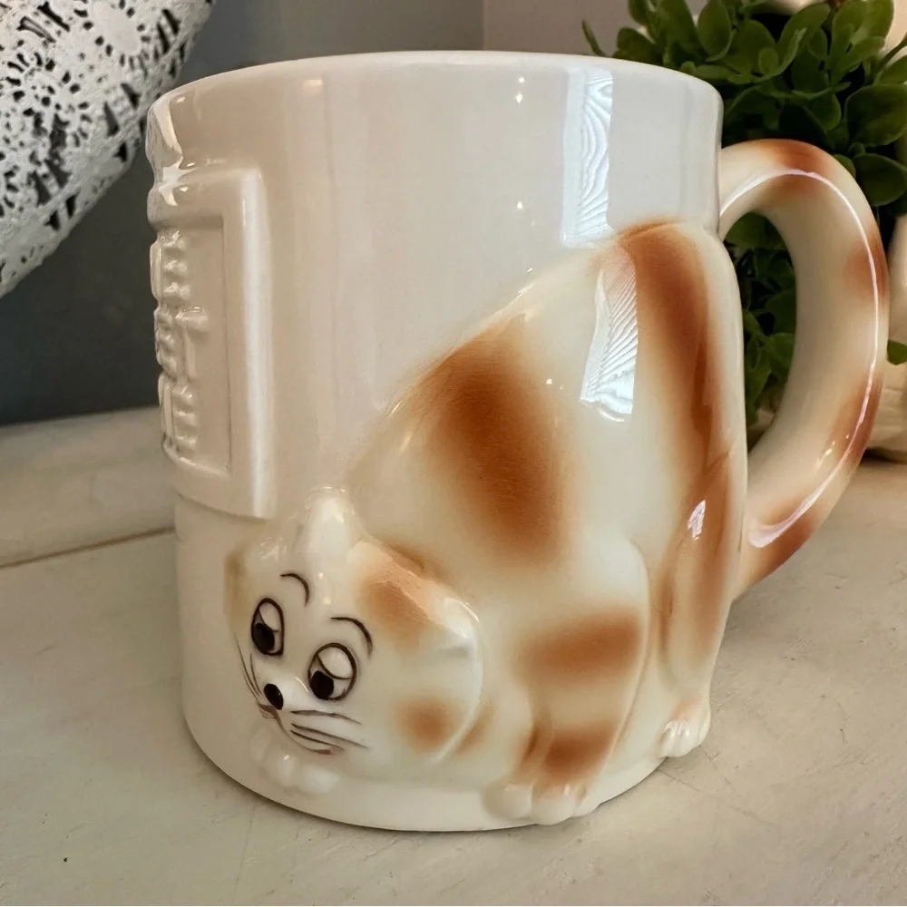 Vintage Quon Quon Home Sweet Home 3D Cat & Mouse Coffee Mug Ceramic 1980 Japan
